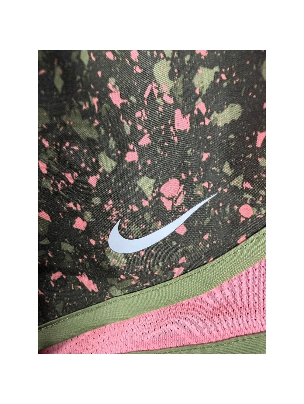 Nike Dri-FIT Splatter Print Running Shorts Womens Medium Pink Olive Green Mesh